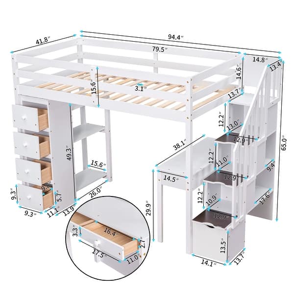 dimension image slide 0 of 3, Multifunctional Design Loft Bed with Desk, Storage Stairs and Shelves, Efficient space, Twin Size