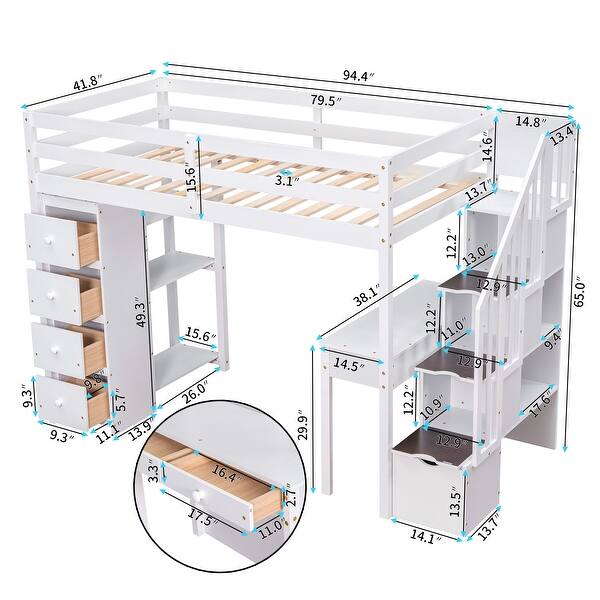 dimension image slide 0 of 2, Twin size Loft Bed, with Built in Desk, Drawers, and Storage Stairs