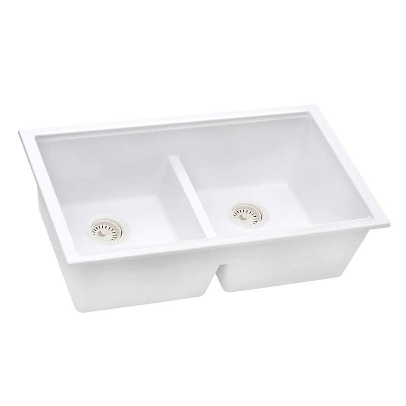 Ruvati 33 x 19 inch Granite Composite Undermount Double Bowl Low Divide Kitchen Sink - Arctic White - RVG2385WH