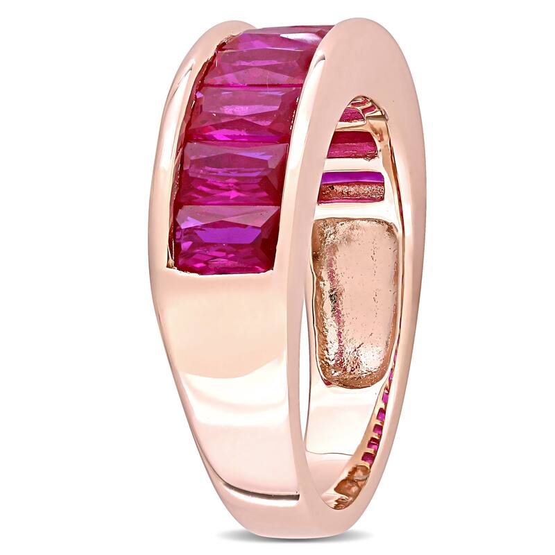 Miadora Rose Plated Sterling Silver Baguette-cut Created Ruby Semi-Eternity Anniversary Band Ring