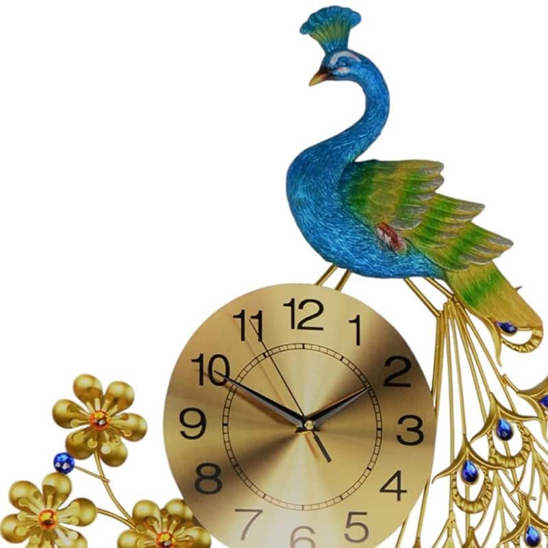 HomeRoots 21" Blue Green And Gold Metal Silent Analog Peacock Novelty Wall Clock - 21.00 in. x 36.00 in. x 2.00 in.