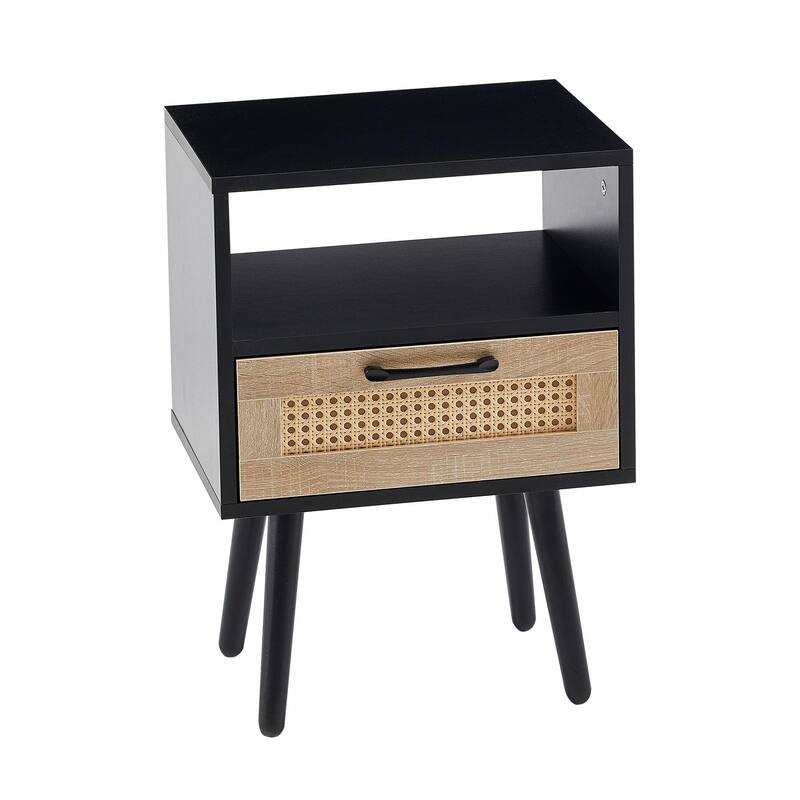 Rattan Nightstand with Drawer, Solid Wood Legs, 16"" Side Table