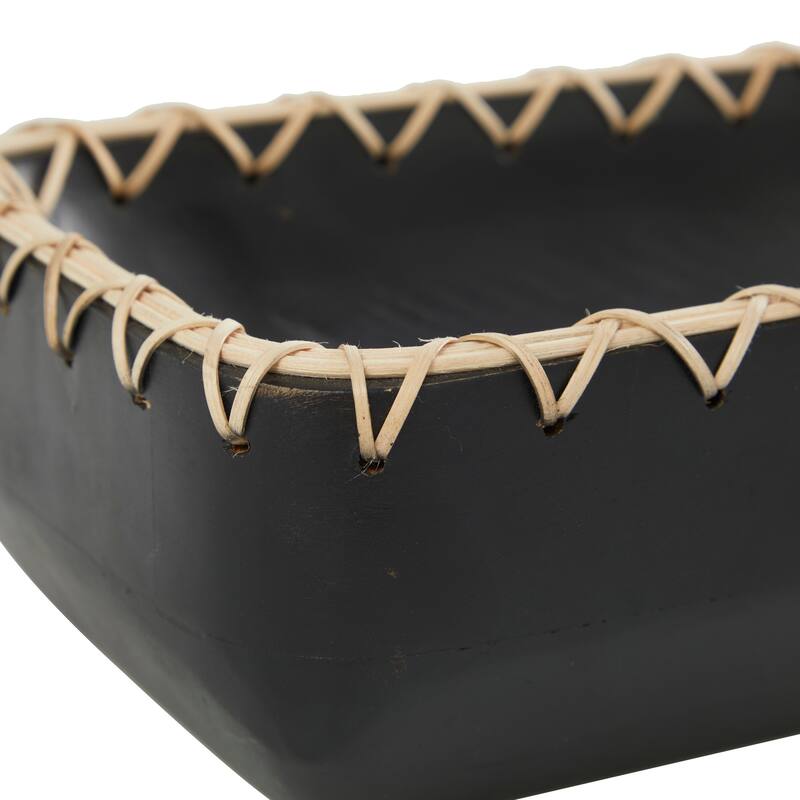 Mango Wood Handmade Nesting Tray with Hand Sewn and Woven Seagrass Accents - Black or Brown