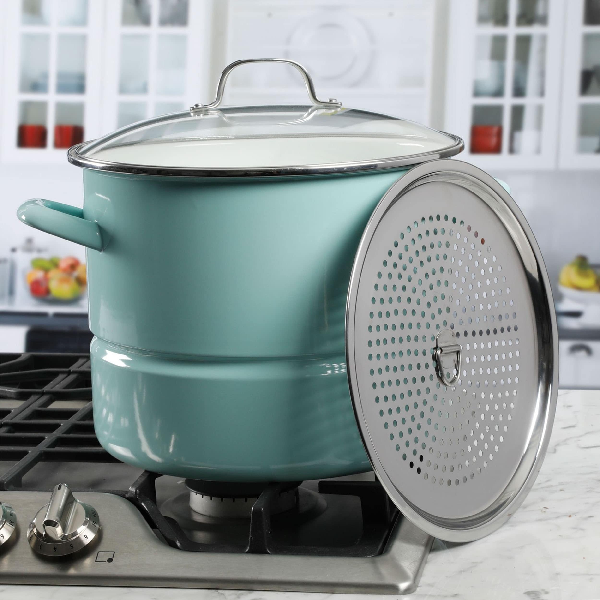 64 Cup Stainless Steel Steamer Pot with Lid in Light Teal - Bed