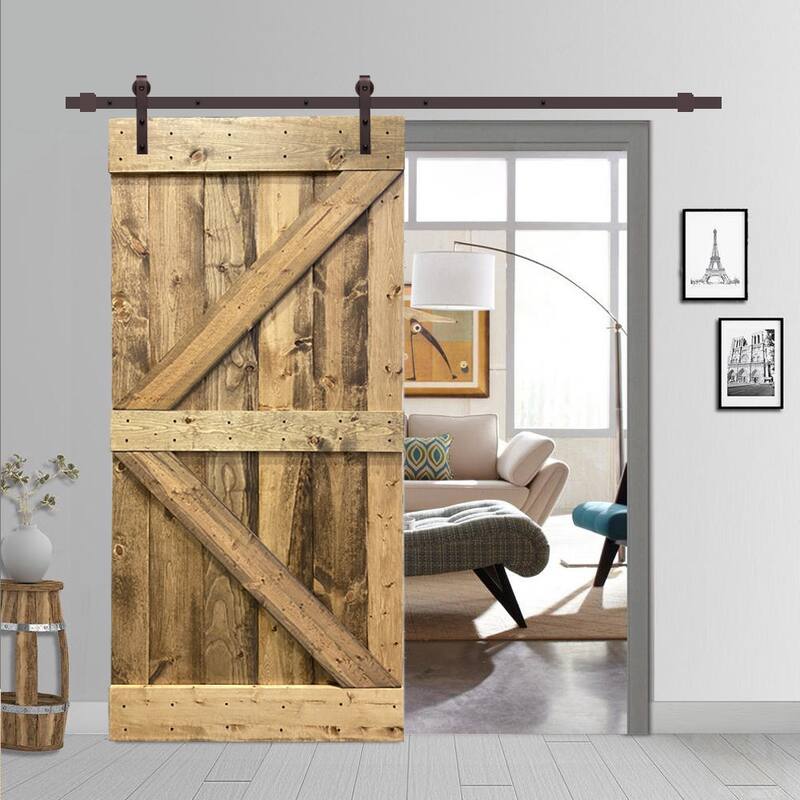 CALHOME K Series Stained Wood Sliding Barn Door with Hardware Kit - Weather Oak - 42 x 84