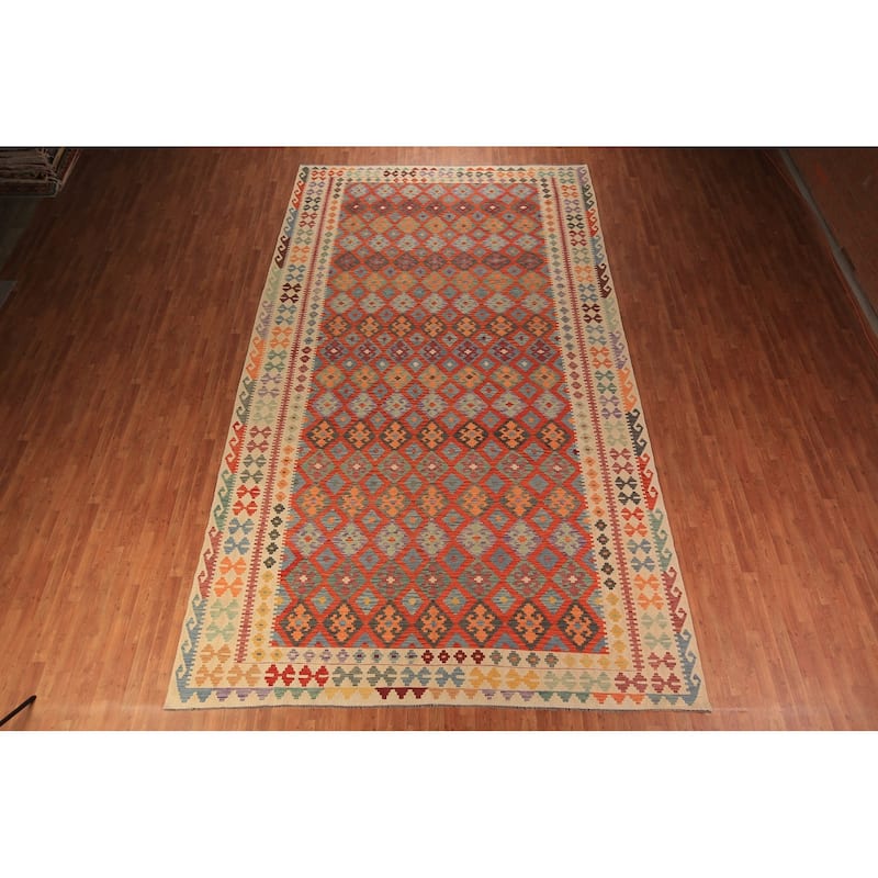 Geometric Trellis Kilim Oriental Large Rug Hand-Woven Wool Carpet - 9'9" x 16'3"