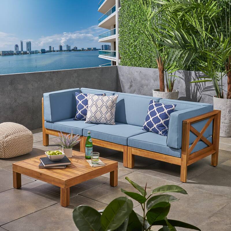 Brava Outdoor 3-Seater Acacia Wood Sectional Sofa Set with Coffee Table and Cushions by Christopher Knight Home