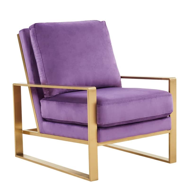 Jefferson Modern Velvet Accent Chair with Brushed Gold Frame, Removable Cushions, and Floor Protectors for Living Room or Office - Purple