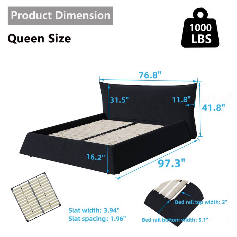 Velvet Fabric Grounding Bed Frame, Upholstered Platform Bed Frame with Special Shaped Headboard, Metal and Wood Slat Support