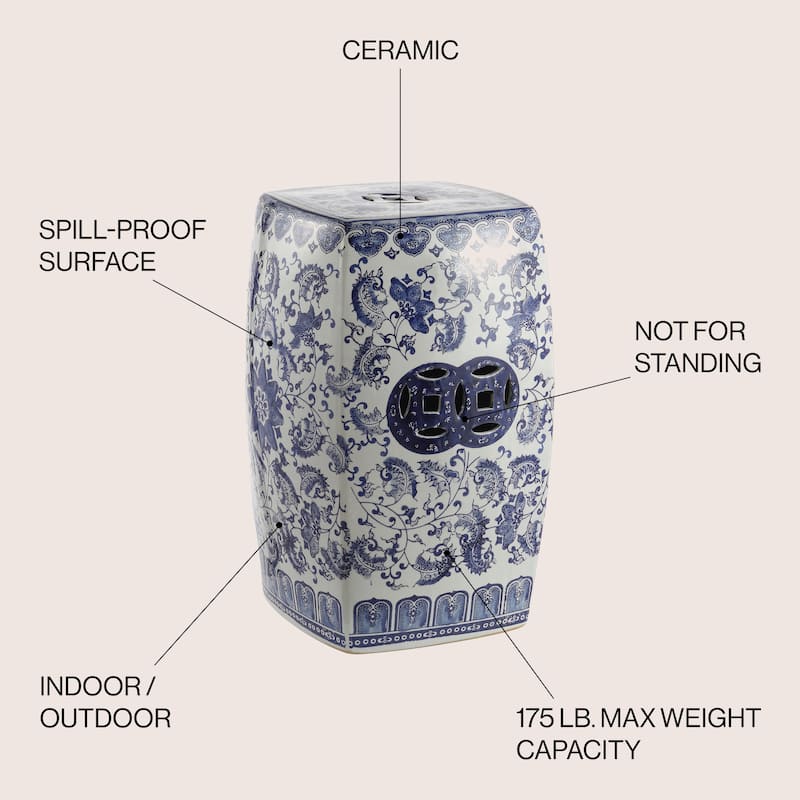 Floral Vine 18.5" Chinoiserie Ceramice Square Garden Stool, Blue/White