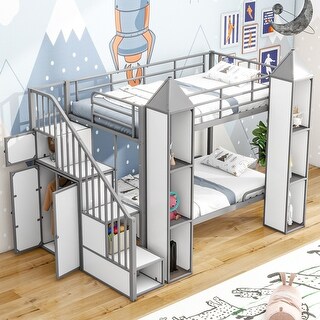 Castle-Shaped Metal Twin over Twin Bunk Bed with Wardrobe, Storage Staircase, and Open Cabinets, White+Grey