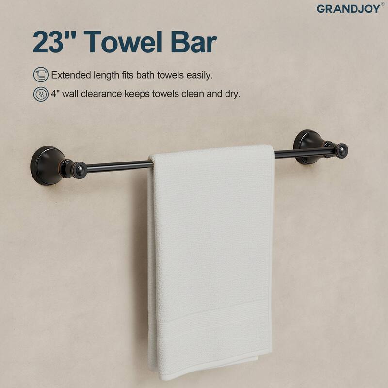 GRANDJOY 4-Piece Bathroom Hardware Set with 23-Inch Single Towel Bar and Shelf Toilet Paper Holder