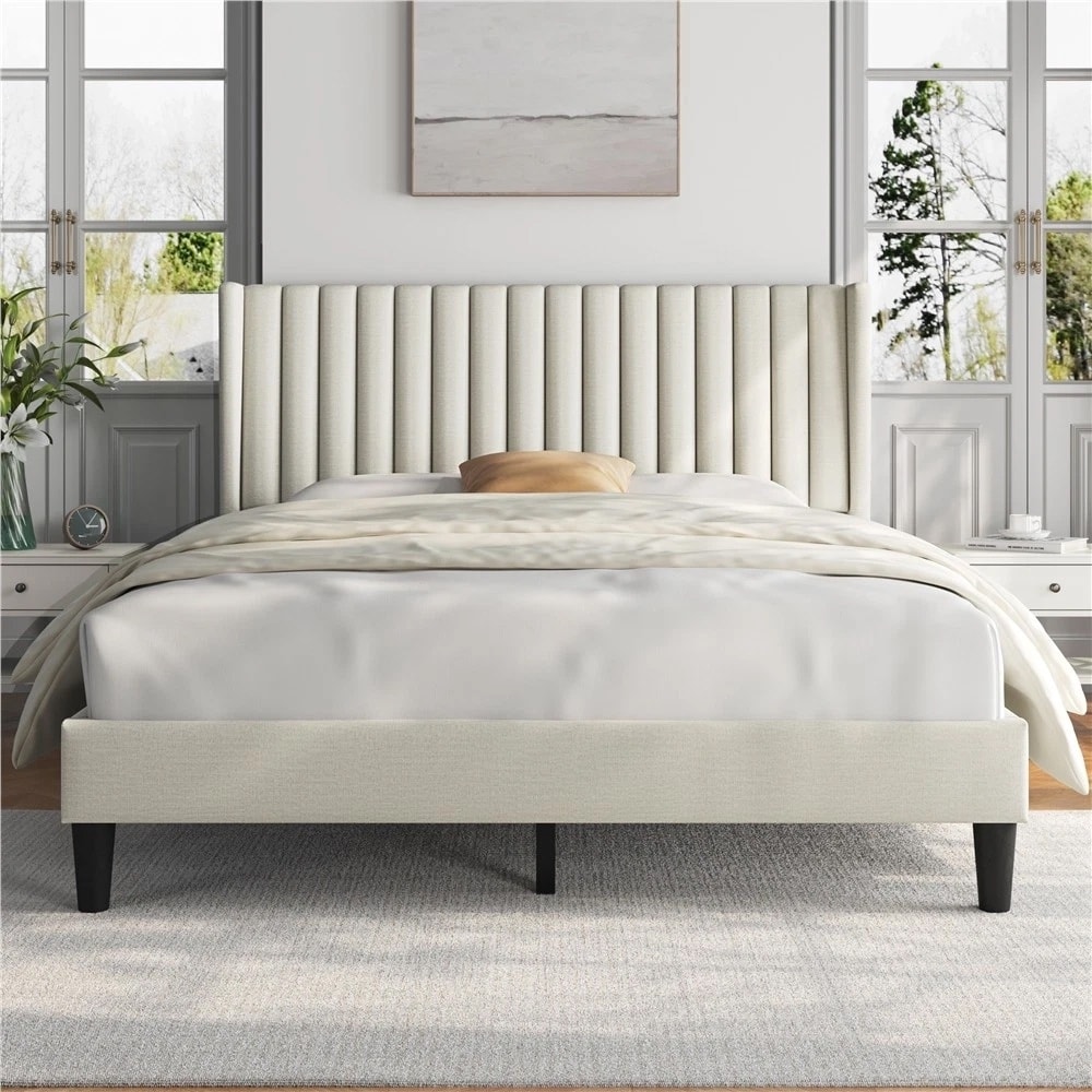 Queen Upholstered Platform Bed Frame Tufted Headboard Beige