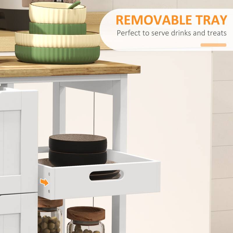 White Wood Kitchen Cart with Drawers, Shelves, Tray and Wheels - 26.5" W x 14.5" D x 33.75" H