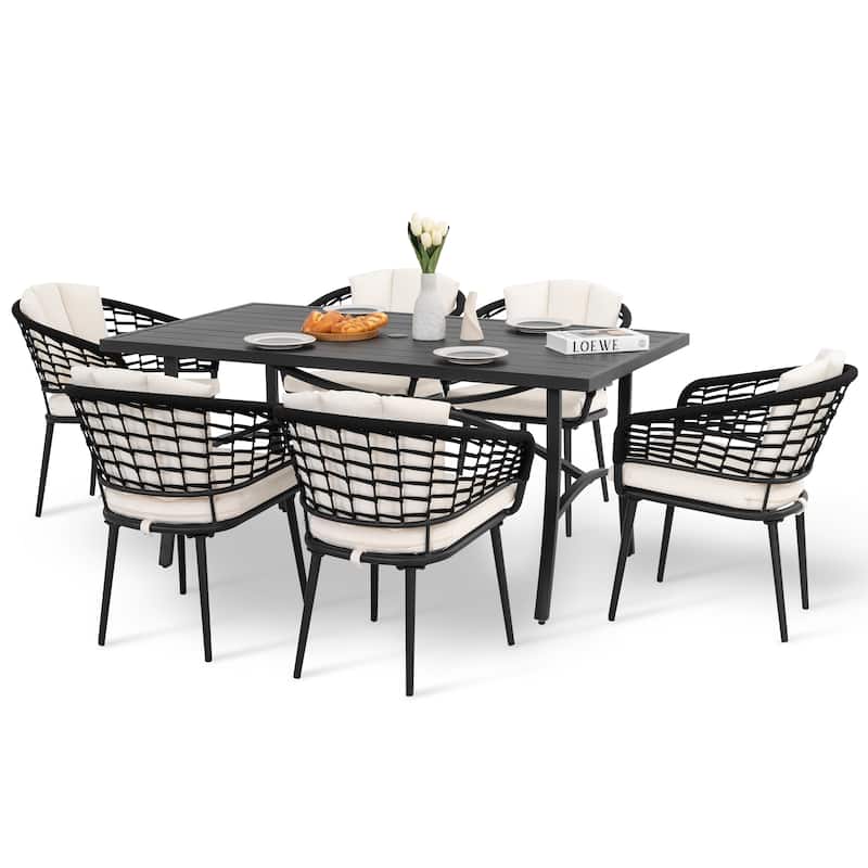 Outdoor 7-Piece Rope Dining Set for Lawn Backyard Garden, Beige