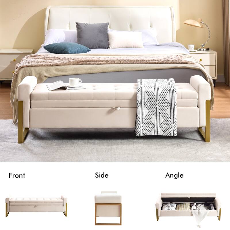 66" Storage Bench for Bedroom End of Bed with Single Lids and Gold Legs