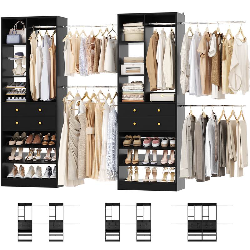 Set of 2 Closet System with 6 Hanging Rods and 4 Drawers, Adjustable Closet System with Shelves and Shoe Rack