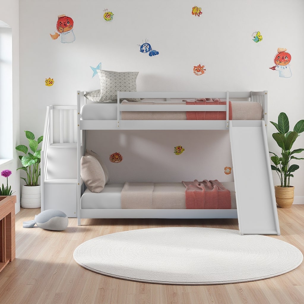 Twin over Twin Pine Bunk Bed with Convertible Slide and Stairway