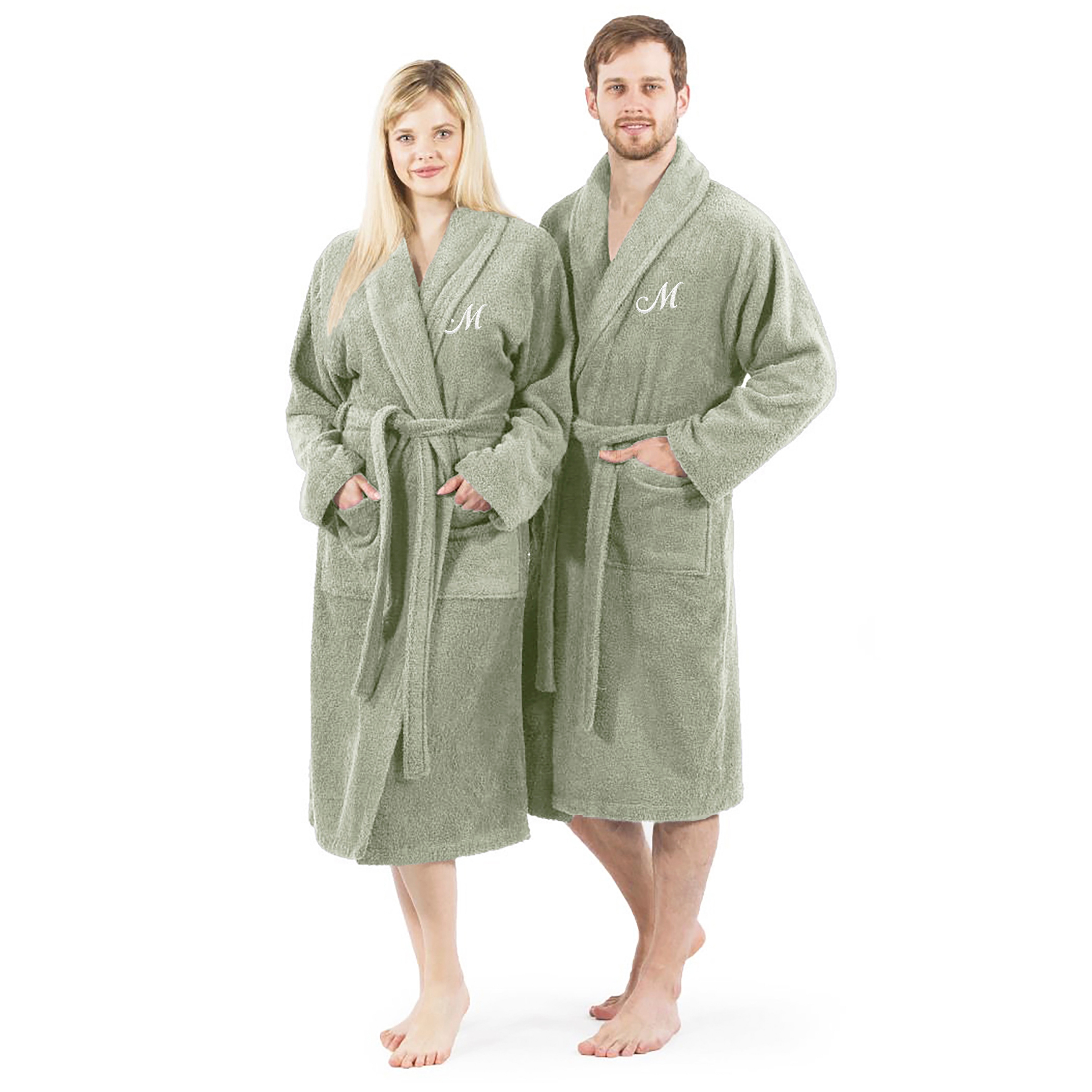 Authentic Hotel Spa Unisex Turkish Cotton Terry Cloth Bath Robe with single letter White Script Monogram On Sale Bed Bath Beyond 40368402