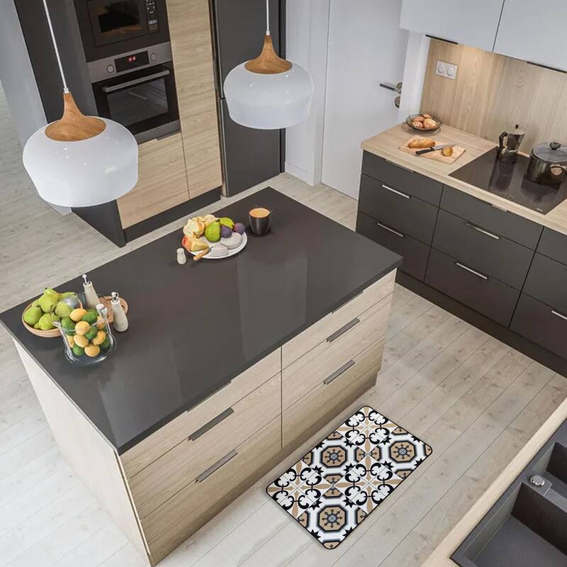 Carmen Printed Kitchen Sink Mat - Black & Beige Tile Design