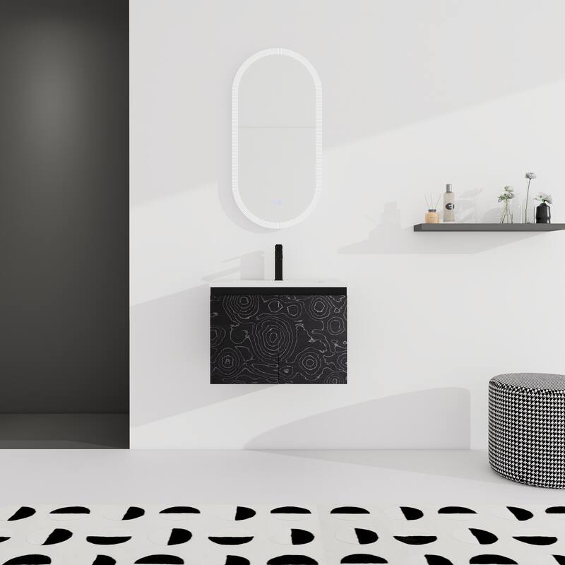 24" Floating Wall-Mounted Bathroom Vanity with Soft-Close Doors, Ceramic Sink, Eco-Friendly Plywood Base - 24in L Plywood - 24" Black Maple+Hattich Hinge