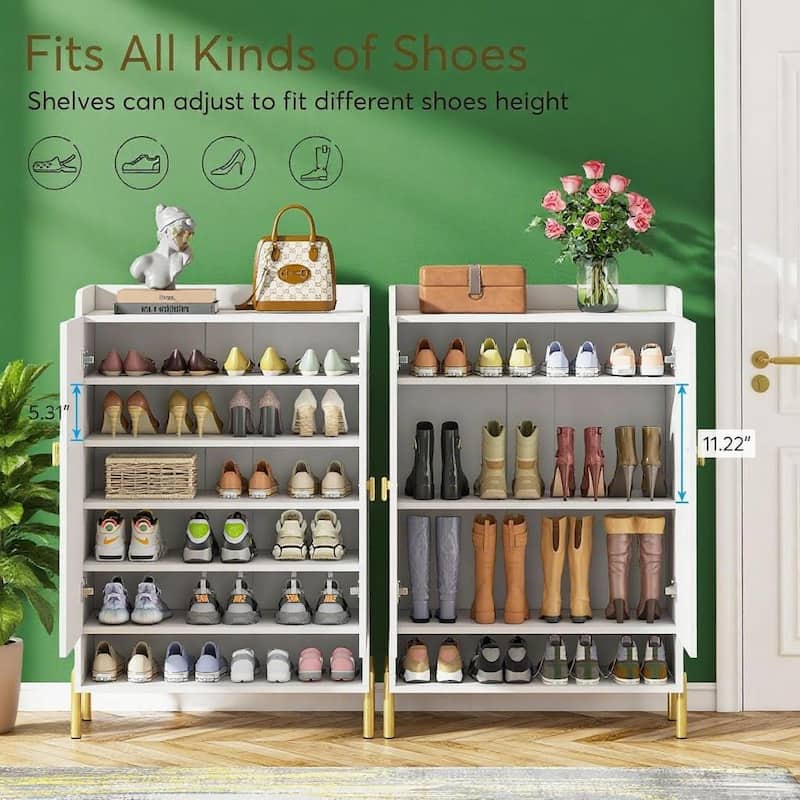 White and Gold 6-Tier Shoe Cabinet with Adjustable Shelves for Entryway or Bedroom Storage - 29.5" W x 13.8" D x 43.3" H