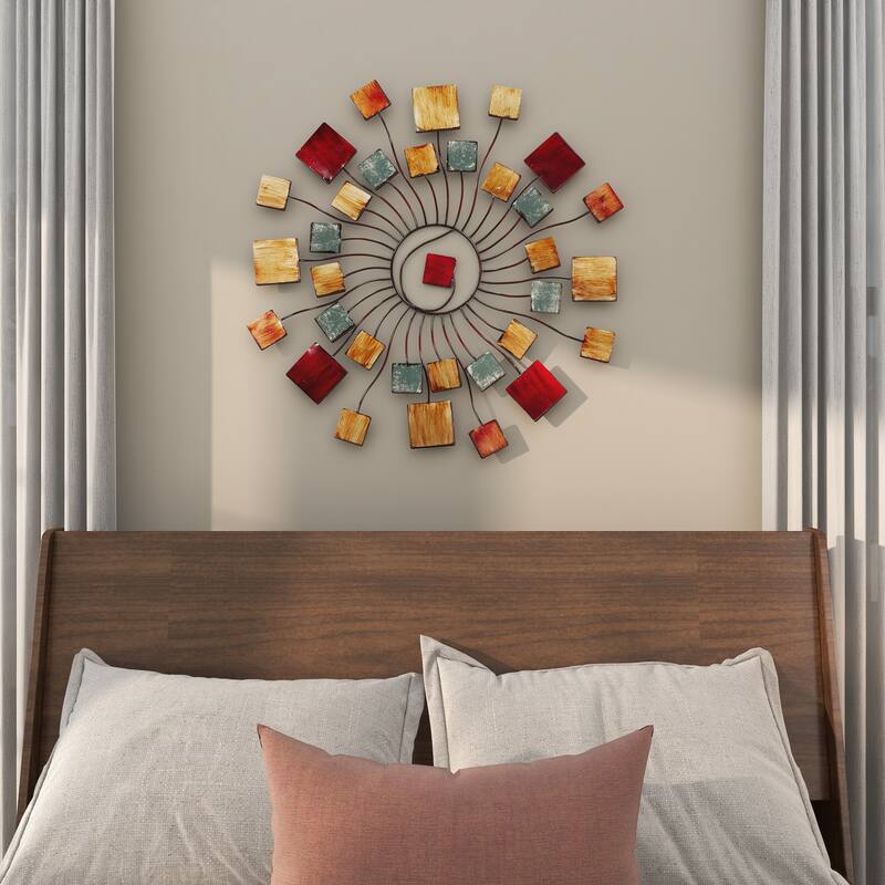 Multi Colored Metal Wire Sunburst Home Wall Decor with Square Shaped Accents