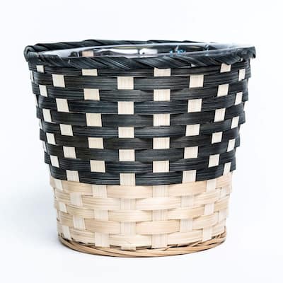 Round Black And Natural Colors Wicker Planter