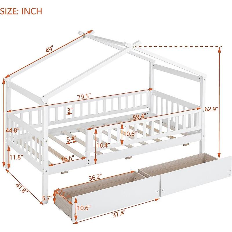 Twin House Bed with 2 Storage Drawers,Rails and Roof for Kids