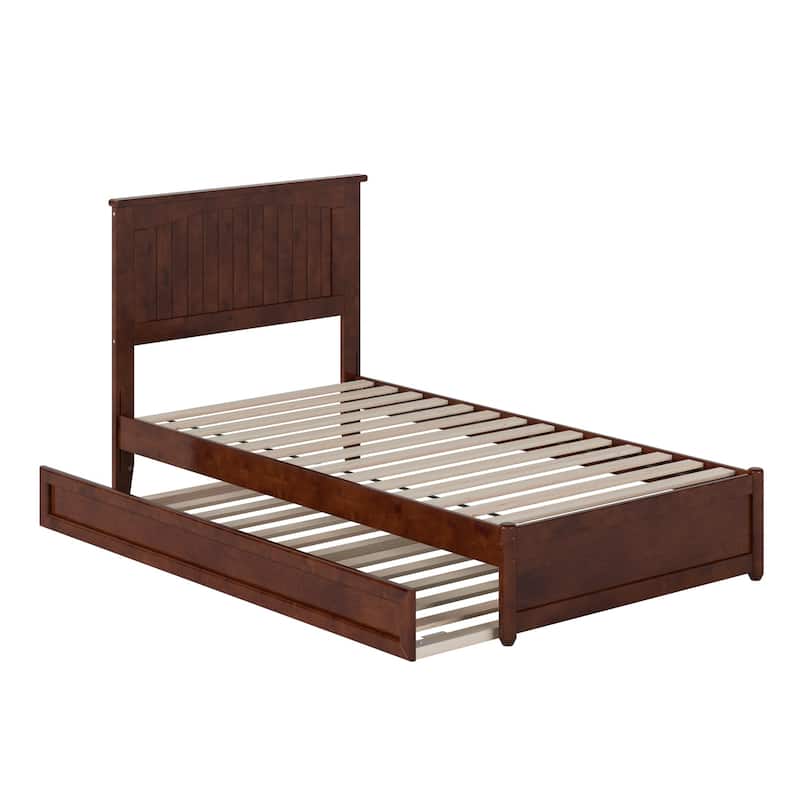 Twin Platform Bed with Trundle, Walnut Wood Bed Frame & Panel Footboard - Space Saving Design