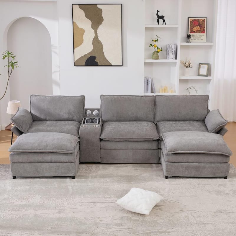 Modern Modular Sectional Sofa with Storage Console and Wireless Charging, Ottomans - Grey