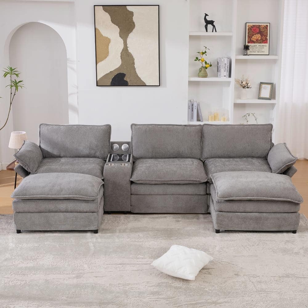 Modern Modular Sectional Sofa with Storage Console and Wireless Charging, Ottomans
