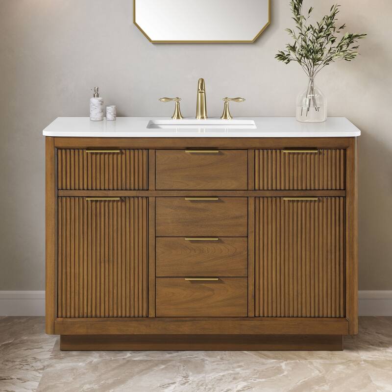 OVE Xander Bathroom Vanity with White Engineered Stone Top - Warm Walnut - 48"