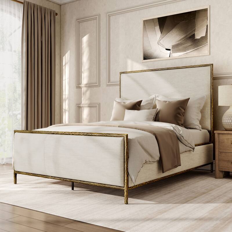247 Shop At Home Lalia Modern Beige Upholstered Hammered Metal Panel Bed - Matte Gold - Queen