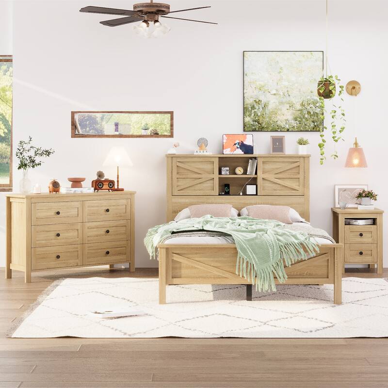 Rustic Platform Bed 3-Pieces Bedroom Sets with Storage Nightstand and Dresser, Wooden Platform Bed with Charging Station