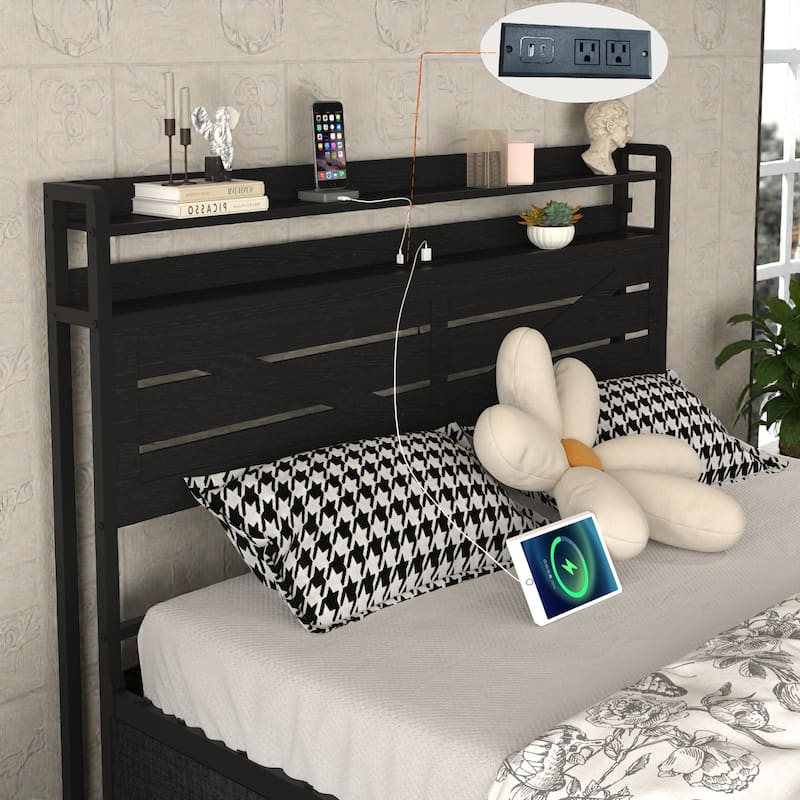 Full Size Bed Frame with Storage Headboard and 12 Drawers, LED Lights, Metal Platform Bed No Box Spring