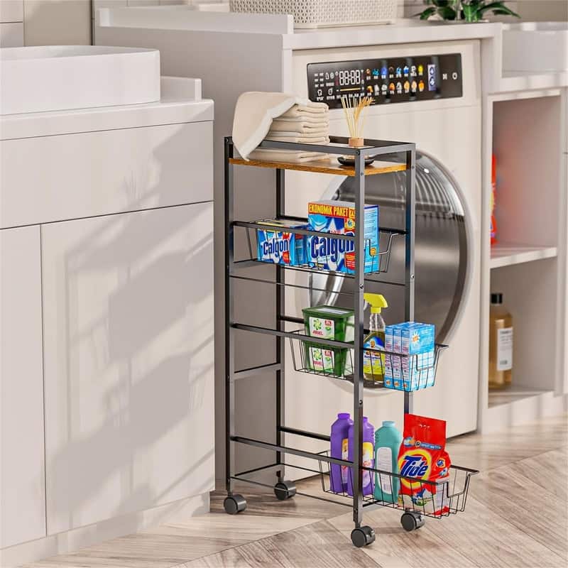 4 Tier Slim Rolling Storage Cart with Pull Out Baskets - 7.68"D x 16.54"W x 35.43"H