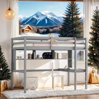 Elegant Twin Loft Bed with built-in desk and bookcase of three compartments, Guardrails and Ladder, Maximized Space