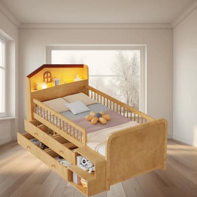 Kids Twin Low Loft Platform Bed with LED Lights, House-Shaped Headboard and Storage Drawers, Safe, Sturdy, and Space-Saving
