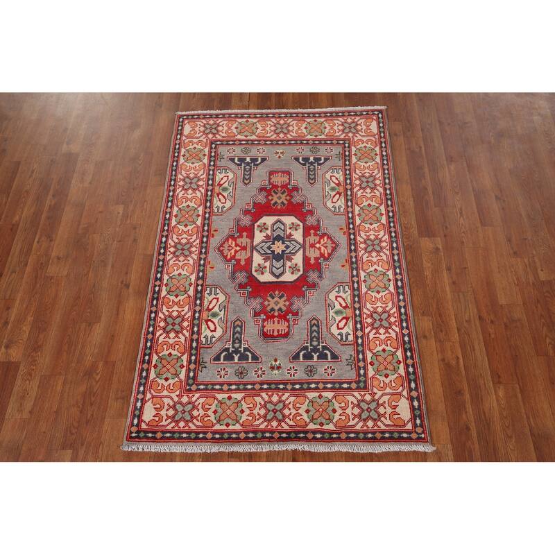 Gray Kazak Foyer Rug Hand-Knotted Wool Carpet - 3'2" x 5'0"