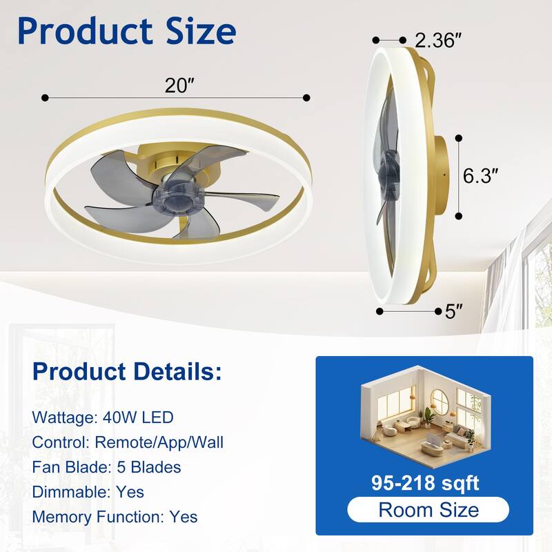 Ceiling Fan with Light: Low Profile, App Remote Control, 6-Speed, 3 CCT, Quiet DC Motor, Dimmable LED, 20" /16"