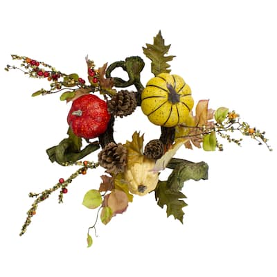 Pumpkin Berries Foliage and Pine Cone Fall Harvest Wreath - 13 inch Unlit - 13"