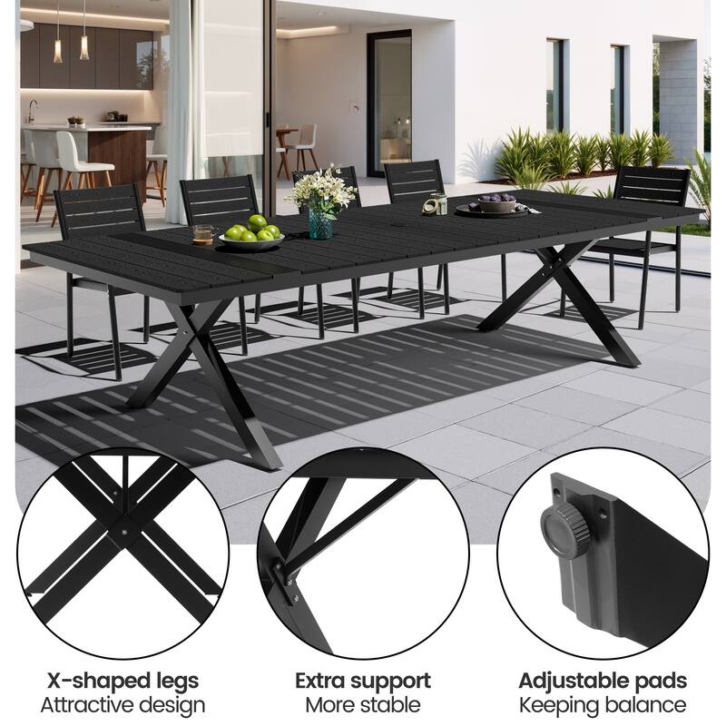 11-Piece Set Outdoor Aluminum Dining Table with Umbrella Hole and Foldable Chairs