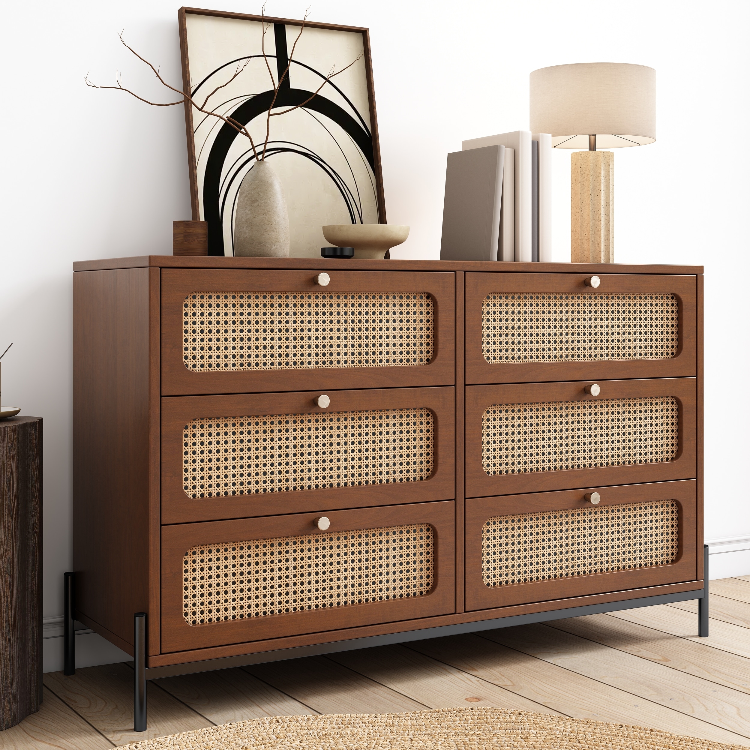 Cannage Rattan 6-Drawer Dresser, Storage Cabinet for Bedroom & Living Room,  Walnut