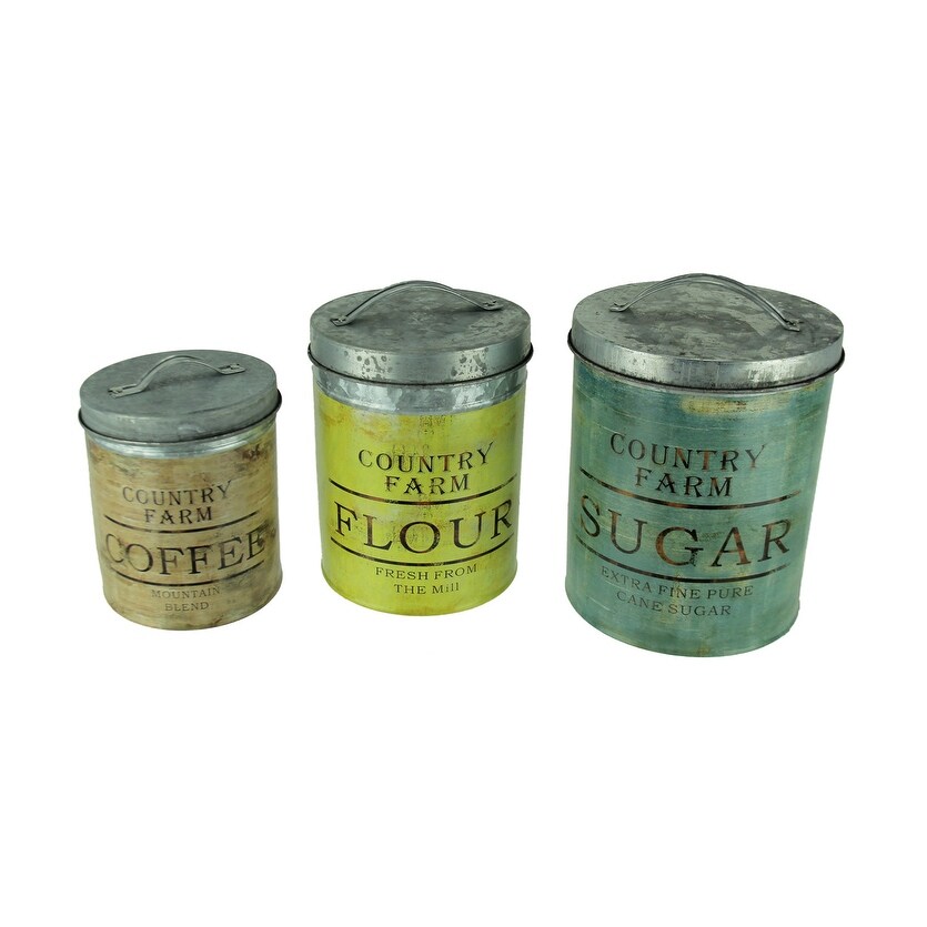 3pc Metal Country Canister Set Sugar Flour Coffee Rustic Farmhouse Home Decor