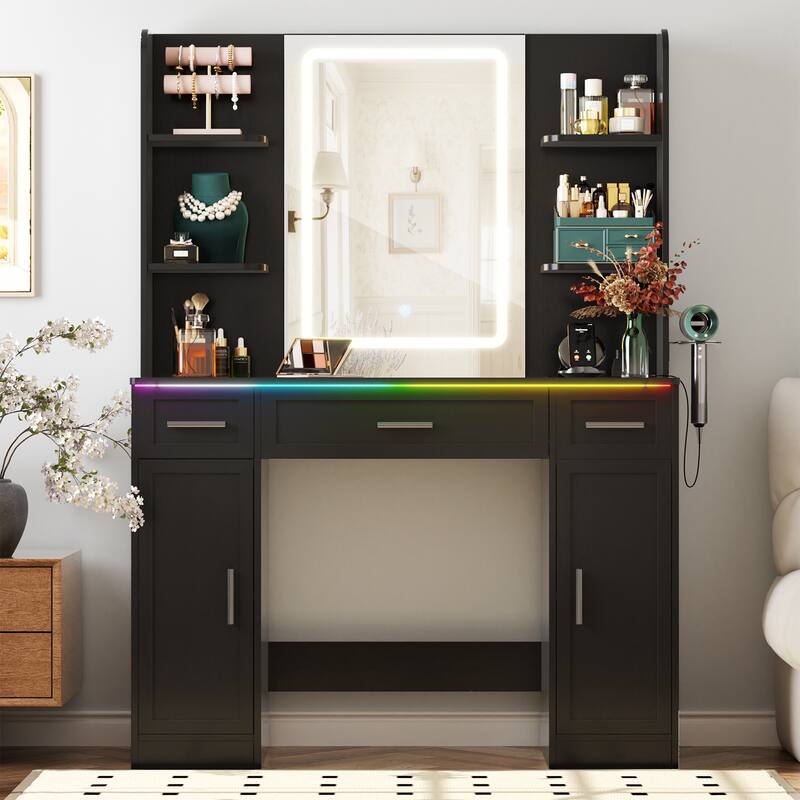 Modern Farmhouse Vanity Table with LED Mirror, Makeup Vanity Desk with Drawer, Cabinet, and Shelves - Black