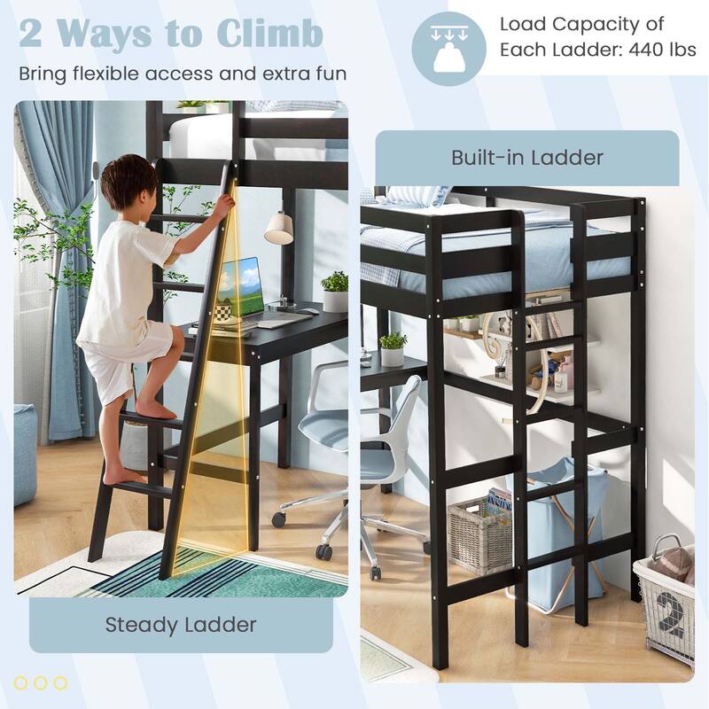 Costway Twin Size Loft Bed w/ Desk & Shelf 2 Ladders & Guard Rail for