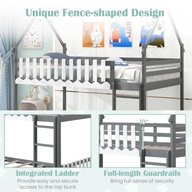 Gymax Twin Over Twin Bunk Bed w/ Fence & Ladder Solid Wood Floor Bunk