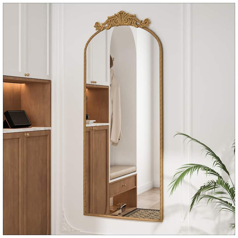 58"x24" Arched Full Body Mirror with Vintage Ornate Carved Applique