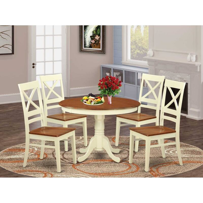 HomeStock 5-Piece Round Buttermilk and Cherry Finish Solid Wood Top Dining table with 4 Chairs with Lattice Back